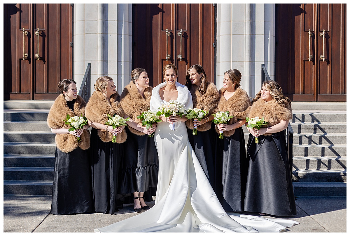 Classic Black bridesmaid dresses with brown fur boleros